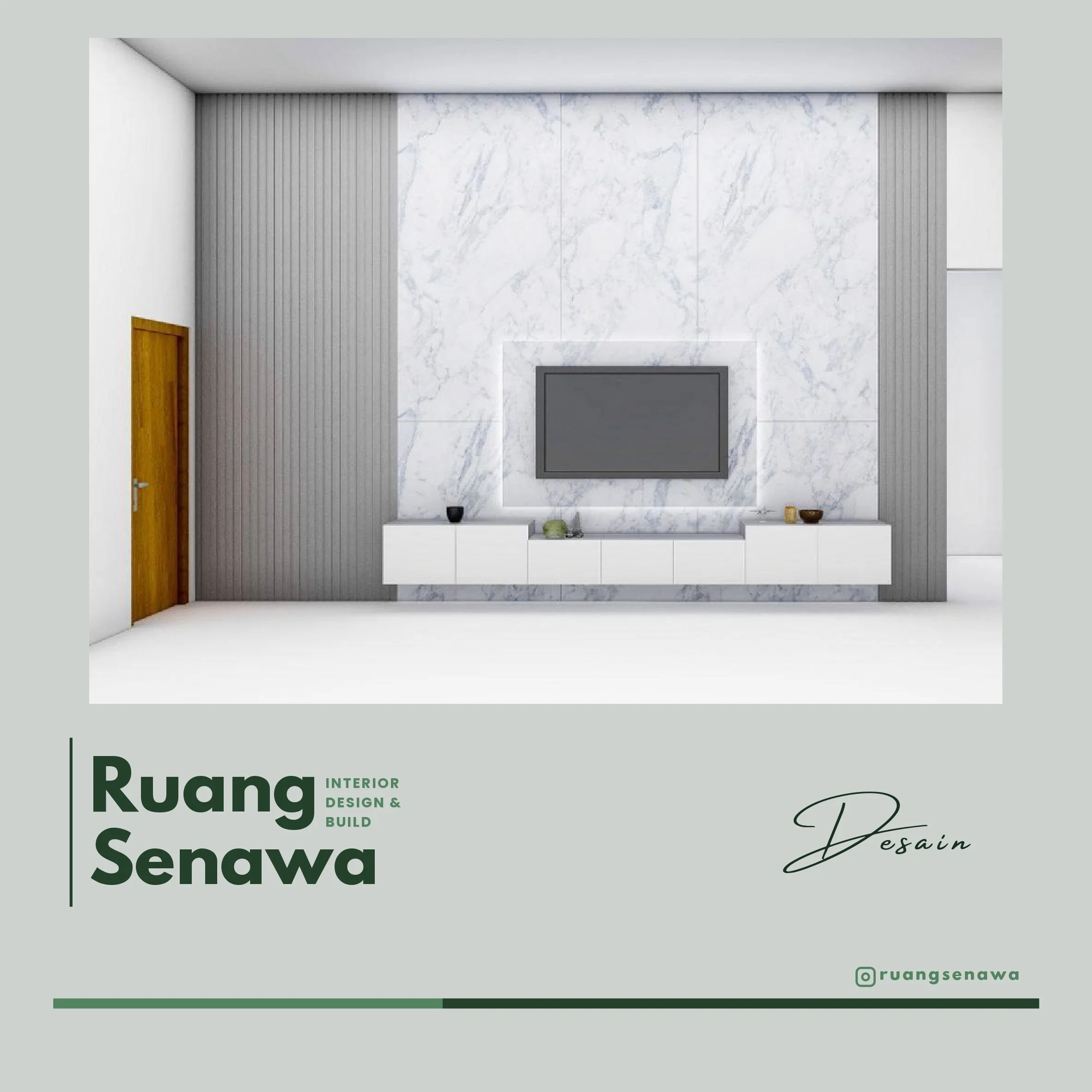 3D Concept: Luxury Living Marble Wall — Desain 3D backdrop TV ruang keluarga mewah panel marmer lebar Kota Render 3D Palu Ruang Senawa